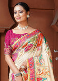 Winter White Woven Embroidered Silk Saree