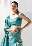 Turquoise Blue Woven Banarasi Silk Saree With Digital Print
