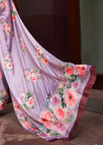 Lavender Purple Floral Printed Satin Silk Saree
