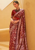 Wine Red Woven Lucknowi Banarasi Silk Saree