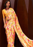 Sunny Yellow Floral Printed Satin Silk Saree