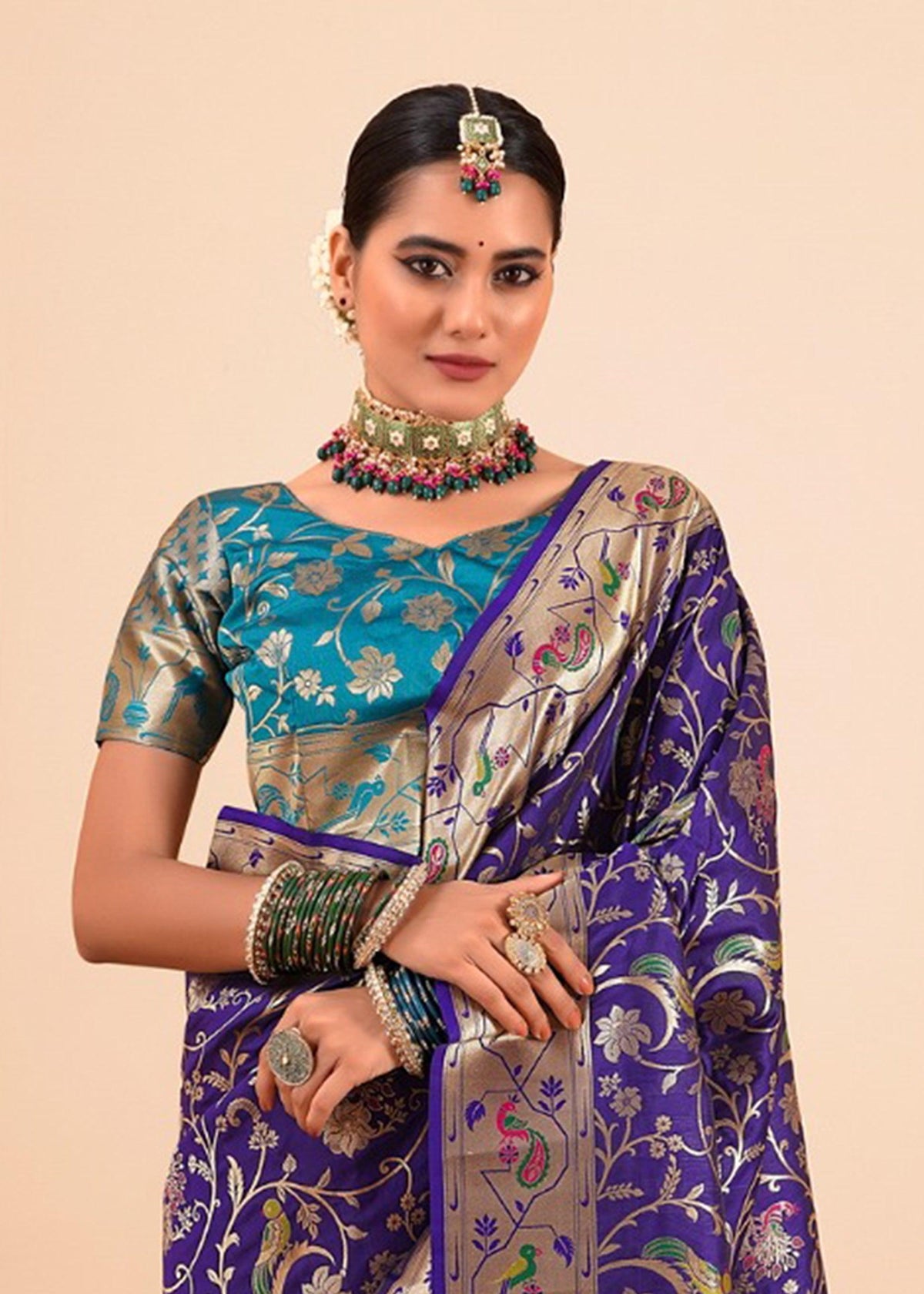 Iris Purple Woven Paithani Silk Saree With Contrast Blouse