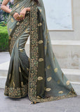 Antique Green Heavy Embroidered Designer Silk Saree