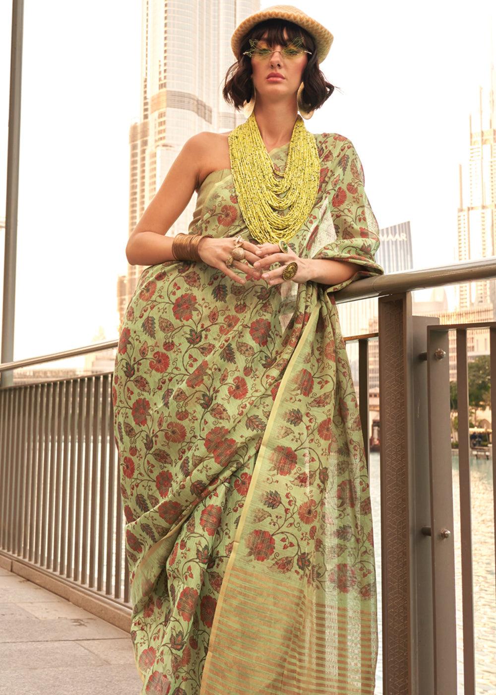 Pistachio Green Printed Tissue Banarasi Silk Saree