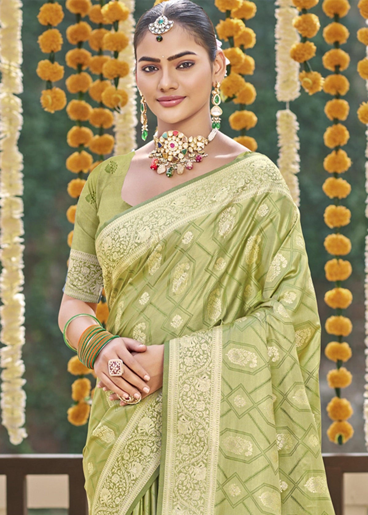 Grass Green Woven Banarasi Satin Silk Saree