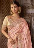 Blossom Pink Heavy Embroidered Designer Silk Saree