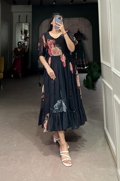 Black Floral Printed Georgette Dress - women's fashion mart