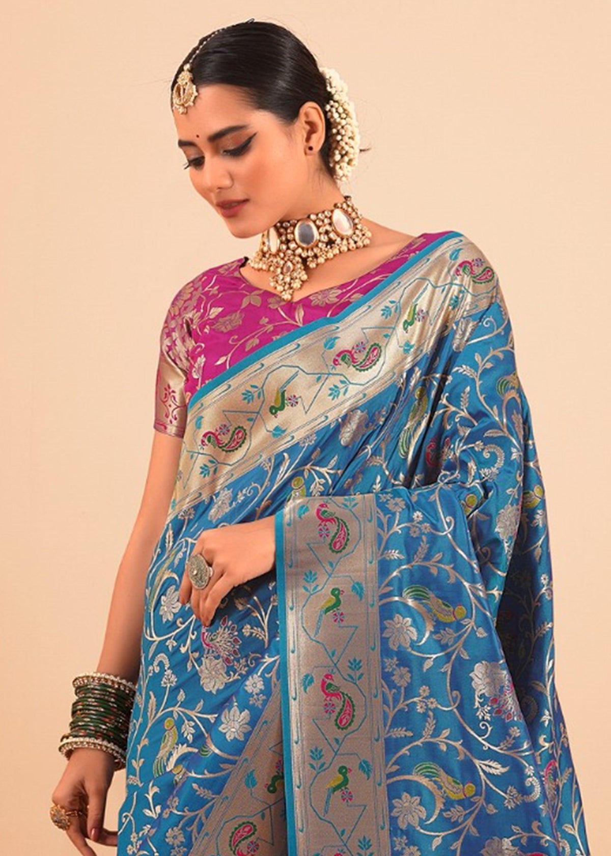 Alaskan Blue Woven Paithani Silk Saree With Contrast Blouse