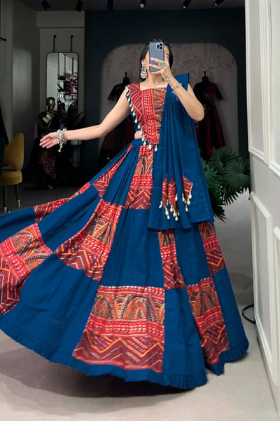 Blue Designer Printed With Foil Work Ready Made Navratri Lehenga Choli