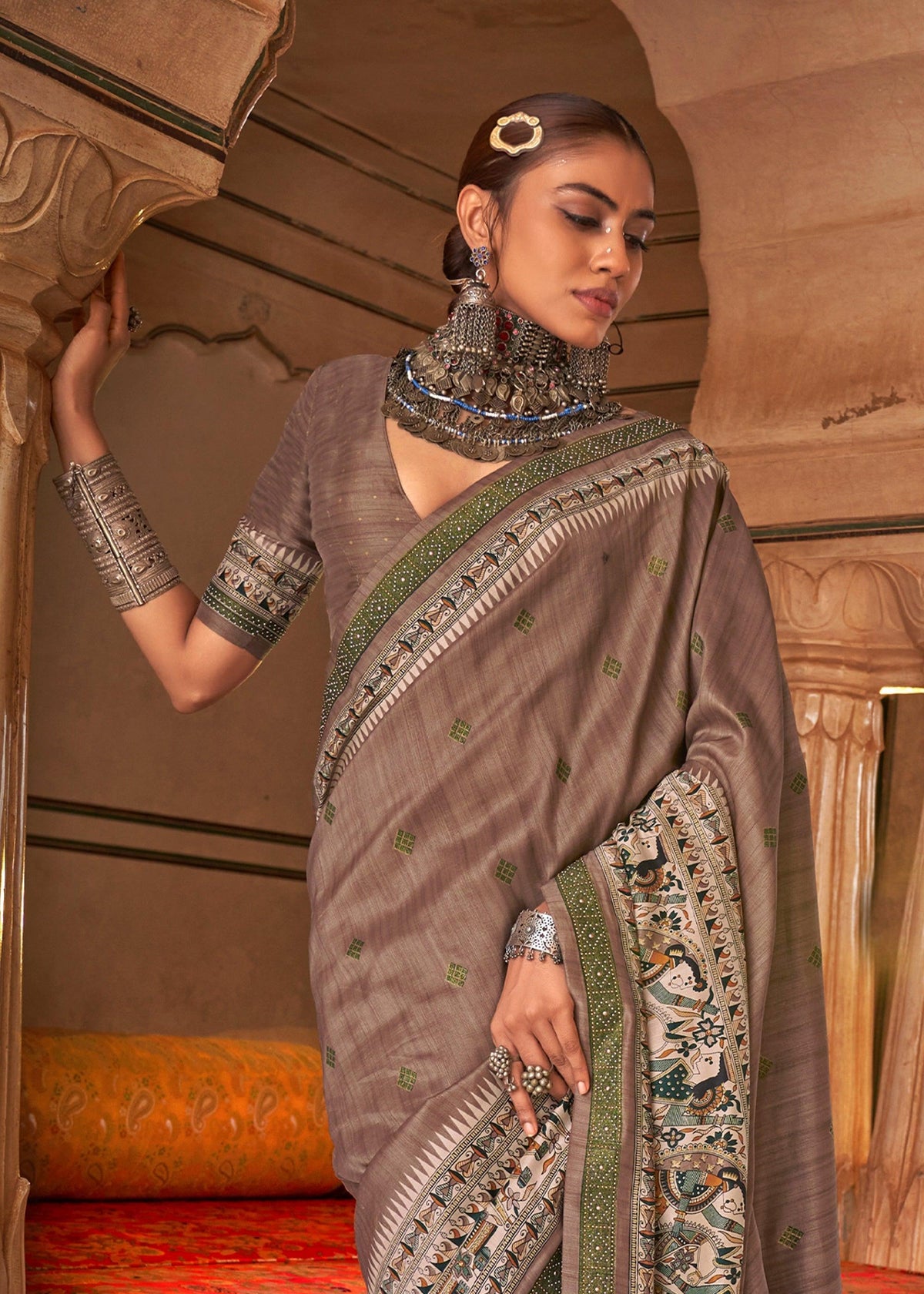 Fossil Grey Madhubani Printed Saree