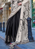 Cloudy Grey And Black Satin Crepe Printed Saree