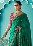 Alpine Green Designer Embroidered Silk Saree With Contrast Blouse