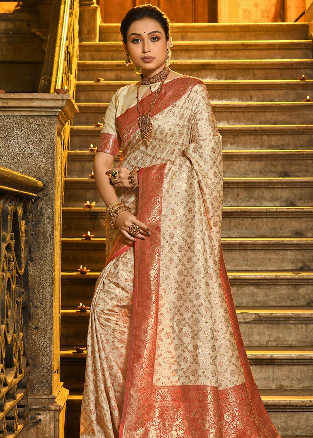 Royal Off White Woven Banarasi Brocade Silk Saree With Overall Jaal