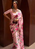 Soft Pink Floral Printed Satin Silk Saree