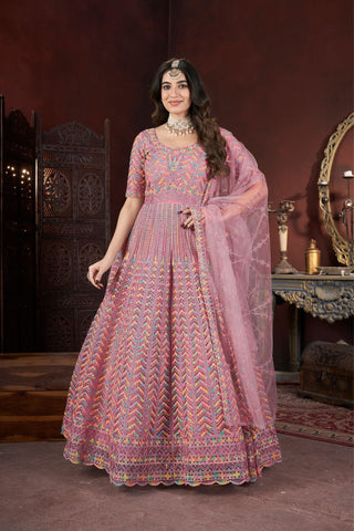 Peach Thread Embroidery With Zarkan Work Gown - women's fashion mart