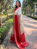 Cream Colour Double Border Chex Weaving Banarasi Soft Silk Saree  women's fashion mart