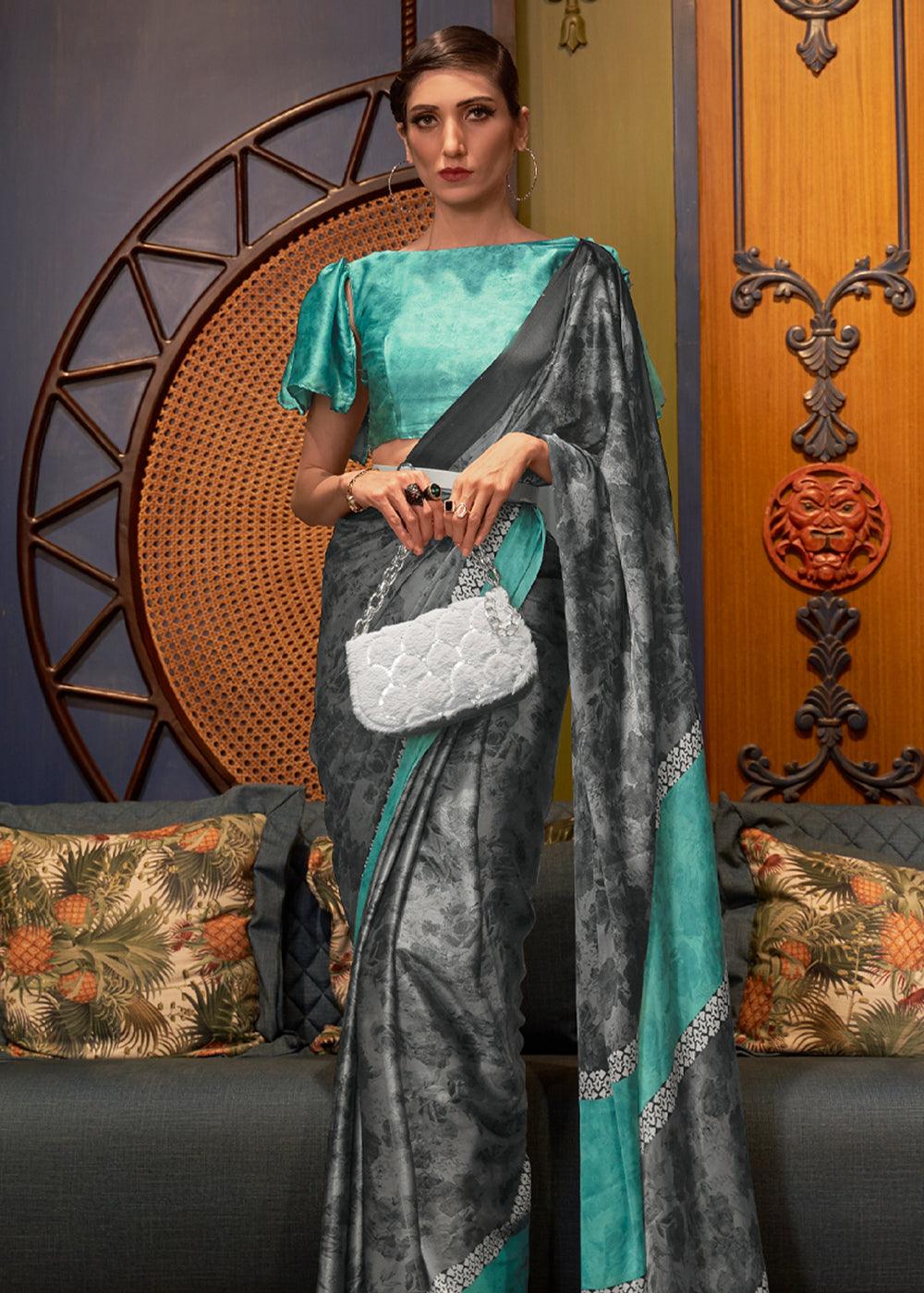 CLOUDY GREY SATIN SILK PRINTED SAREE