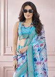 Angel Blue Woven Banarasi Cotton Silk Saree With Digital Print