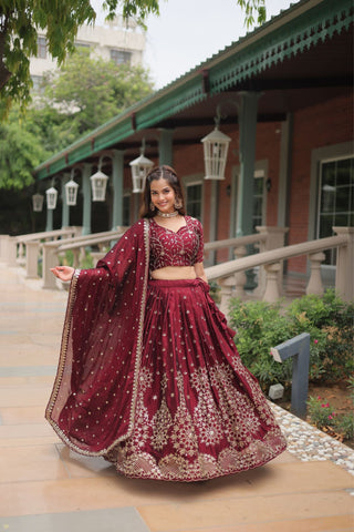 Maroon Rangoli Silk Heavy Sequins And Thread Embroidered Work Wedding Special Lehenga - women's fashion mart