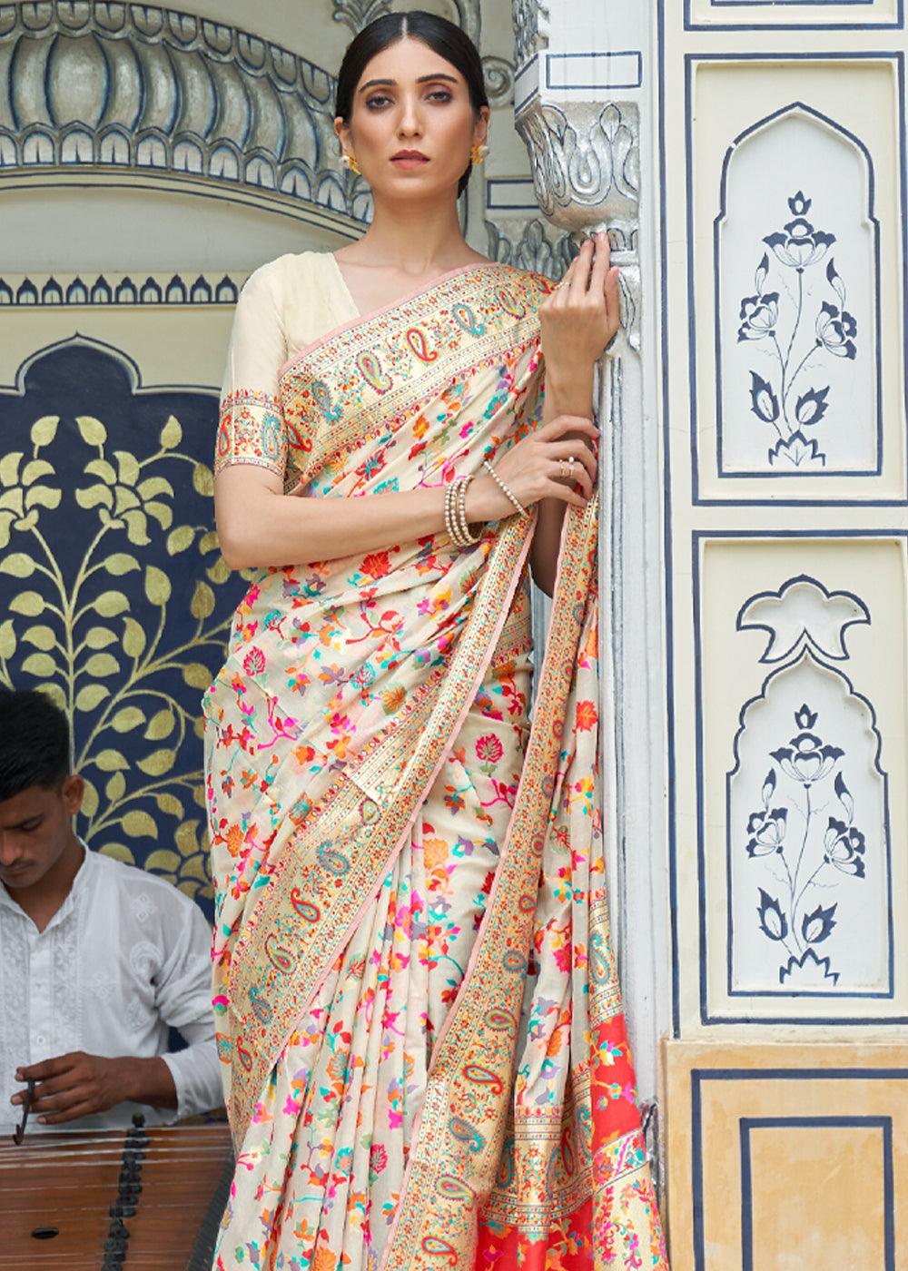 Multicolour White Woven Jamewar Banarasi Saree