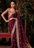 Wine Maroon Woven Banarasi Silk Saree With Brocade Blouse