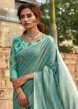 Aqua Blue Woven Linen Saree With Khadi Print Blouse