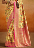 Yellow And Pink Woven Banarasi Silk Saree With Kalamkari Print