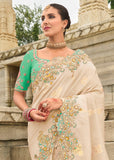Pristine White Designer Embroidered Silk Saree