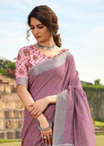 Antique Purple Woven Linen Saree With Khadi Print Blouse