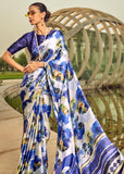 Dazzling Blue Satin Crepe Printed Silk Saree