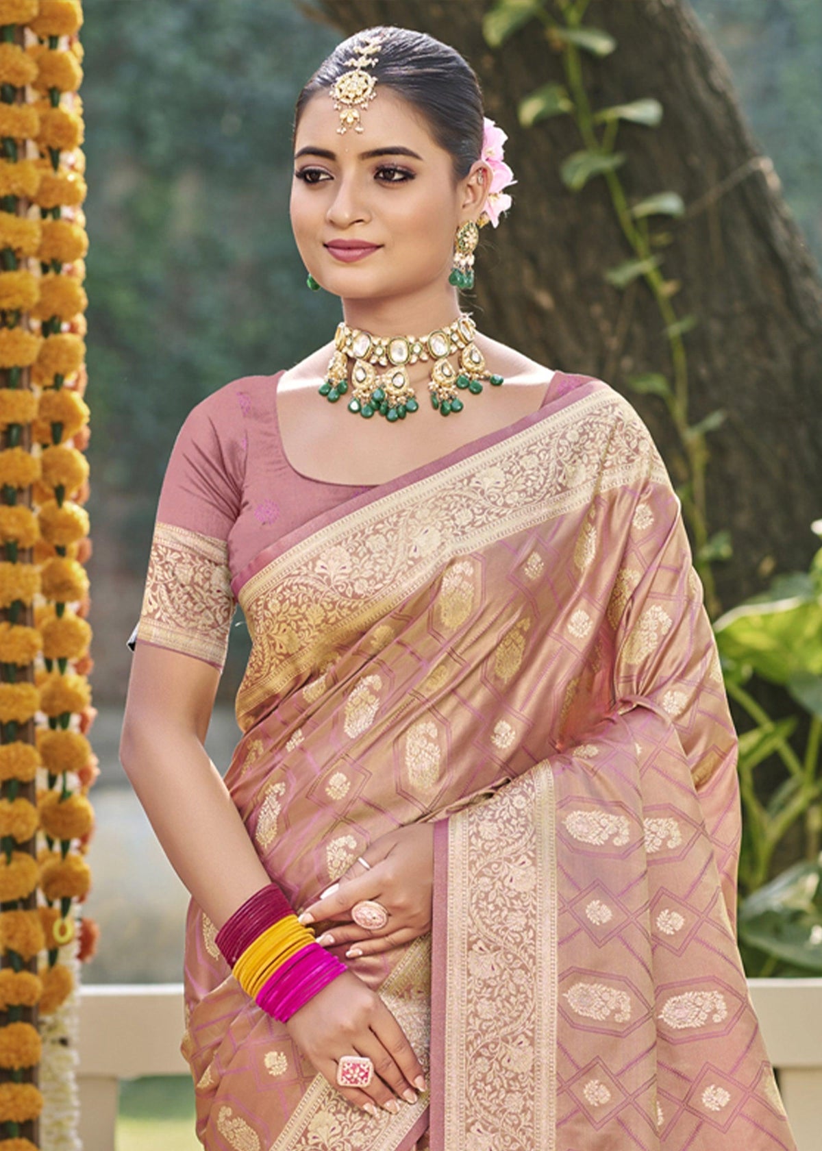 Mauve Pink Woven Banarasi Satin Silk Saree