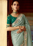 Ice Green Heavy Embroidered Designer Silk Saree
