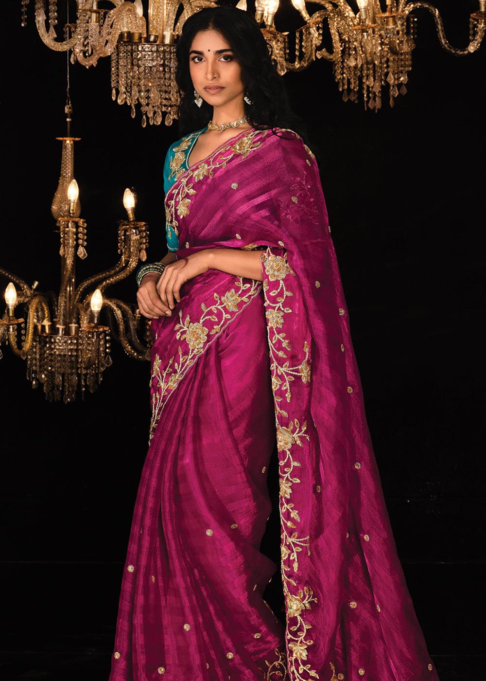 Magenta Pink Heavy Embroidered Designer Silk Saree With contrast Blouse