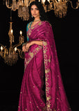 Magenta Pink Heavy Embroidered Designer Silk Saree With contrast Blouse