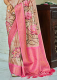 Beige And Pink Woven Banarasi Soft Silk Saree With Digital Print