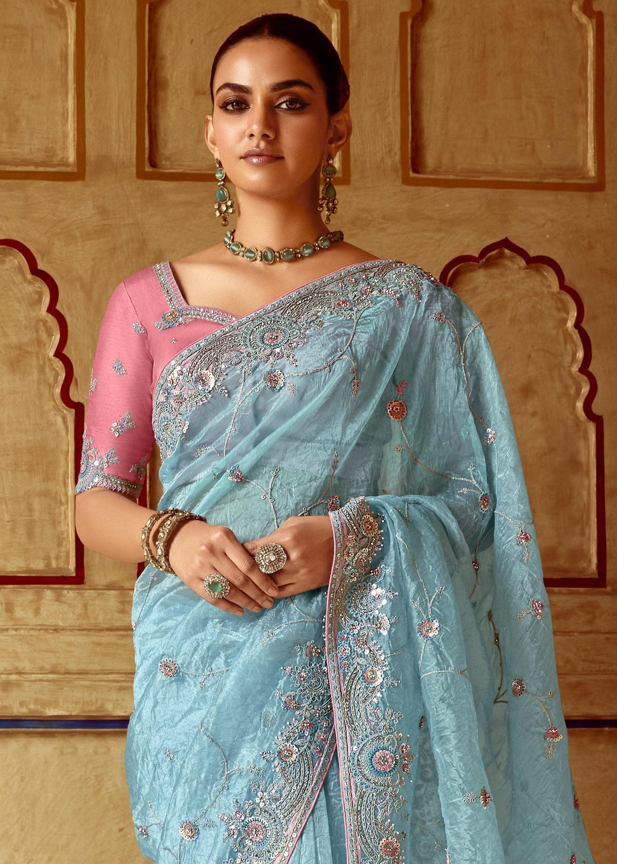 Blue Heavy Embroidered Designer Silk Saree