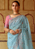 Blue Heavy Embroidered Designer Silk Saree