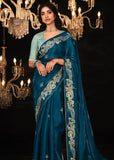 Coral Blue Heavy Embroidered Designer Silk Saree With contrast Blouse