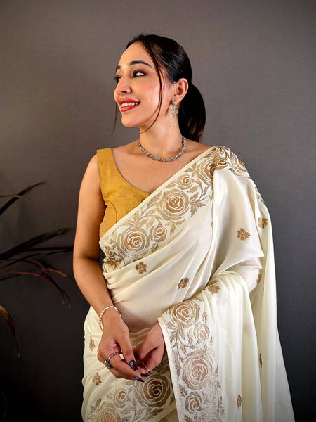 White Aari Jhalar Tussar Satin Saree