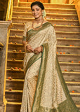 Beige Woven Banarasi Brocade Silk Saree With Overall Jaal