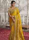 Beautiful Gold Yellow Heavy Embroidered Designer Silk Saree