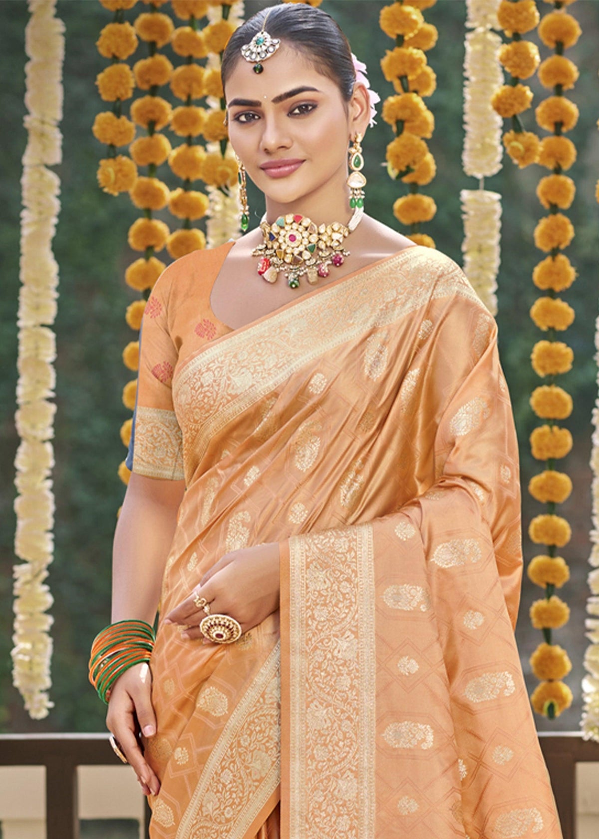 Pale Peach Woven Banarasi Satin Silk Saree