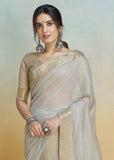 Smoke Grey Woven Banarasi Linen Silk Saree