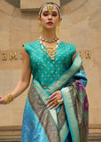 Aqua Blue Printed Satin Silk Saree