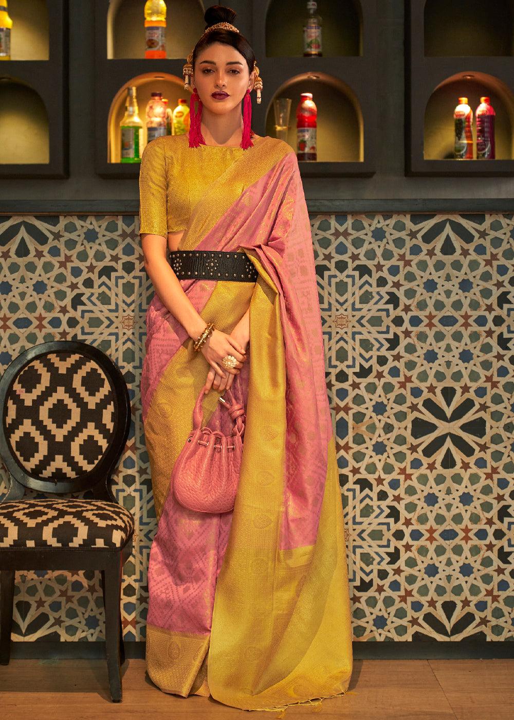 Rose Pink And Yellow Woven Banarasi Silk Saree