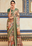 Cream And Green Woven Banarasi Printed Soft Silk Saree