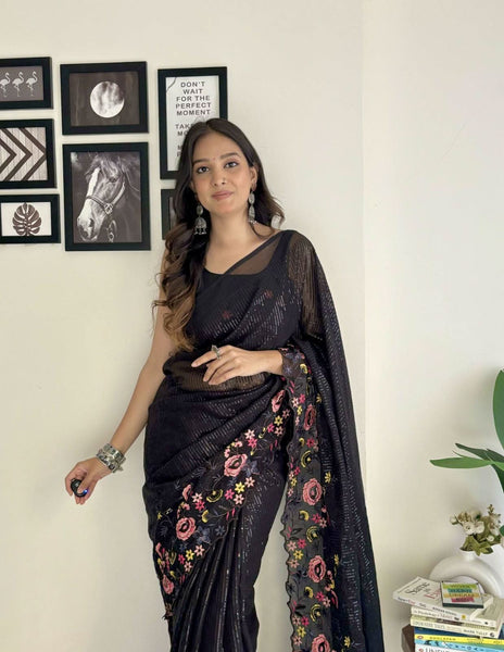 Multi Thread Embroidery Border Sequence Work Saree -Georgette Saree Black women's fashion mart