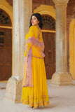 Radiant Yellow Embroidered Georgette Anarkali Gown With Contrasting Dupatta