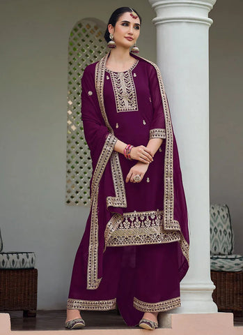 Marvelous Deep Wine Embroidered Georgette Palazzo Suit - women's fashion mart