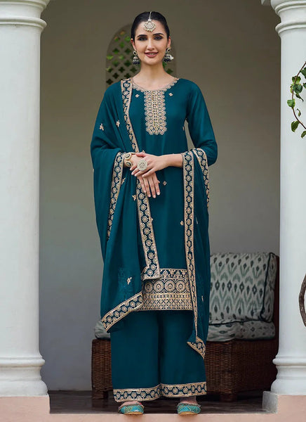 Brilliant Turquoise Embroidered Georgette Palazzo Suit - women's fashion mart